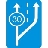 D-13 Początek pasa ruchu powolnego. Oznacza początek pasa ruchu, z którego są obowiązani korzystać kierujący pojazdami nieosiągającymi na wzniesieniu minimalnej prędkości określonej na znaku liczbą kilometrów na godzinę. Umieszczona pod znakiem tabliczka T-1a wskazuje odległość do początku pasa ruchu