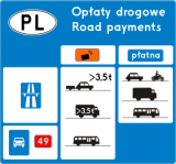 D-39a Opłaty drogowe na terytorium RP. Stosuje się na drogach w pobliżu granicy państwa, albo na przejściu granicznych lub parkingu położonym w pobliżu tego przejścia granicznego w celu poinformowania osób wjeżdżających na terytorium Rzeczpospolitej Polskiej o opłatach wnoszonych za przejazd po drogach publicznych