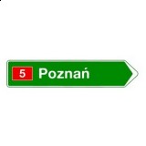 E-3 Drogowskaz w kształcie strzały do miejscowości wskazujący numer drogi. Wskazuje na skrzyżowaniu lub bezpośrednio przed nim kierunki do miejscowości lub dzielnic miast